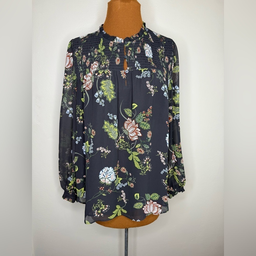 LOFT Black Floral Blouse Smocked Ruffle Collar Long Sleeve Size Medium